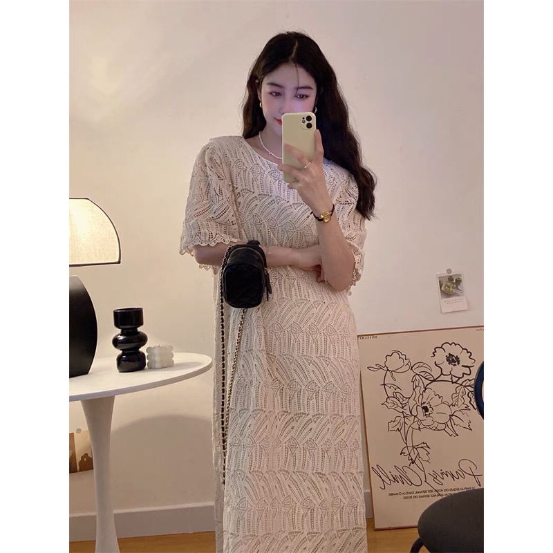 Midi cream brokat dress