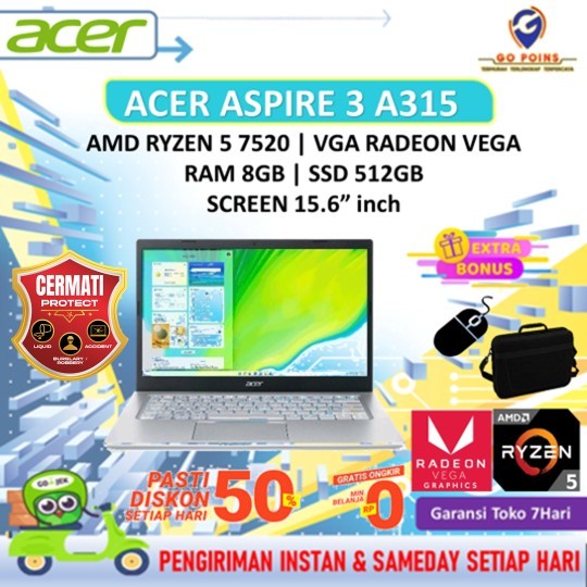 Laptop ACER ASPIRE 5 A315 AMD Ryzen 5 7520 RAM 8GB SSD 512GB 15.6 inch