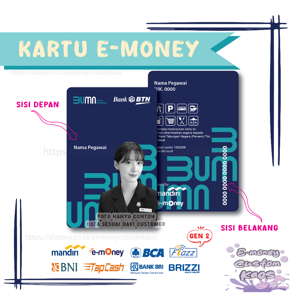 KARTU EMONEY ID CARD BTN BUMN MANDIRI FLAZZ BCA GEN 2 BNI TAPCASH BRIZZI BRI NAME TAG - 2 SISI