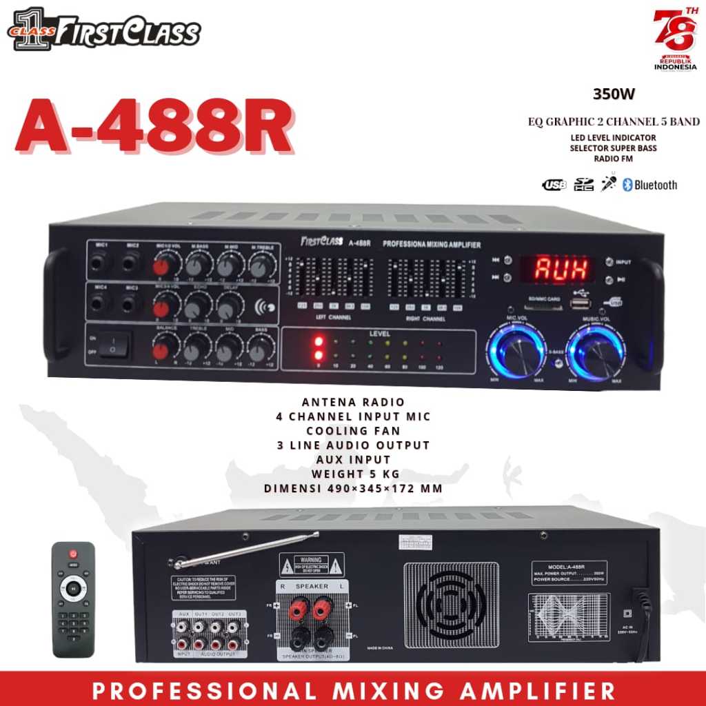 Ampli / Amplifier / Amplifier Karaoke / Amplifier Digital Karaoke / Power Amplifier Bluetooth USB FM MIC FIRSTCLASS A-488R