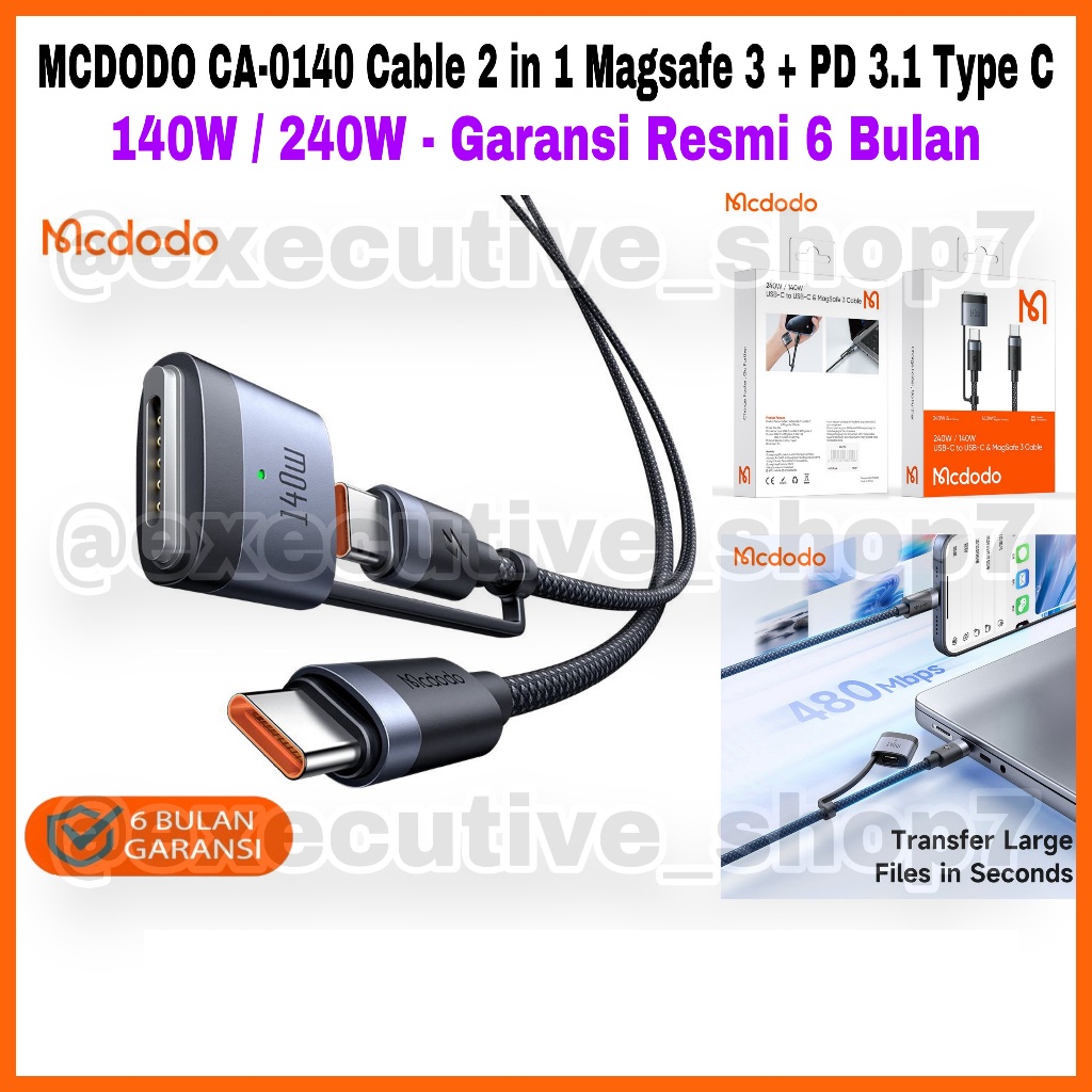 MCDODO CA-0140 Cable 2 in 1 Magsafe 3 + PD 3.1 Type C - 140W / 240W - Garansi Resmi 6 Bulan