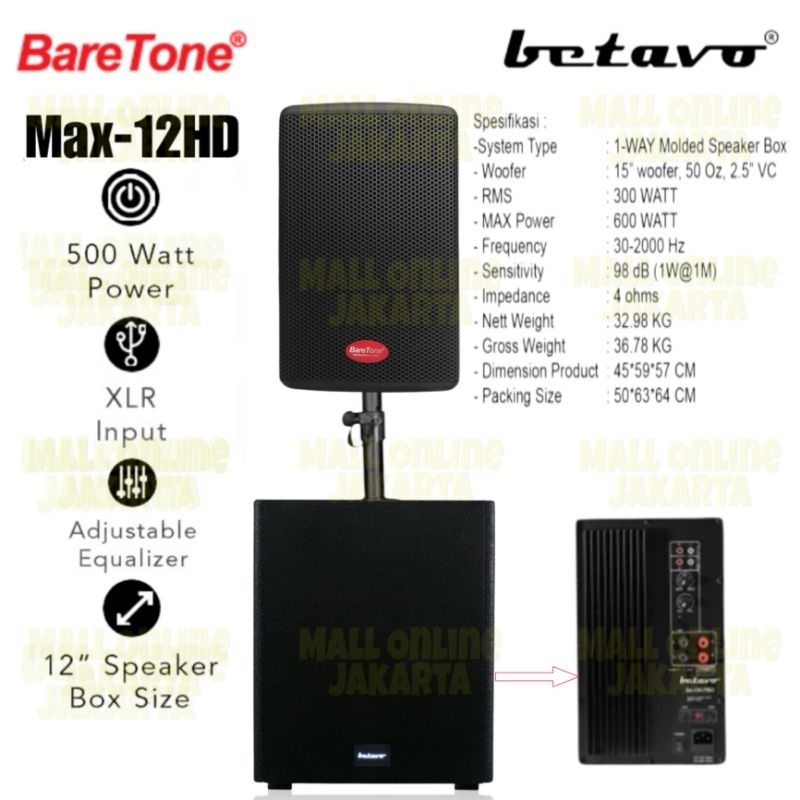 Paket speaker aktif 12 inch Baretone Max 12Hd + Subwoofer Aktiv Betavo 15 inch Sa 150 Pro