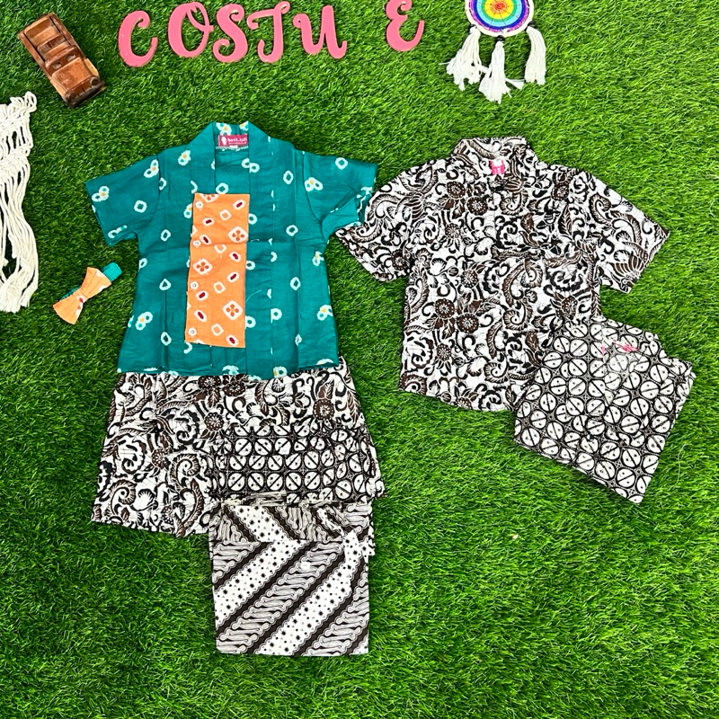 BATIK COSTUME SETELAN KEBAYA BATIK ANAK JUMPUTAN TOSKA HIJAU COUPLE KURUBARU BATIK ANAK CEWEK COWOK 