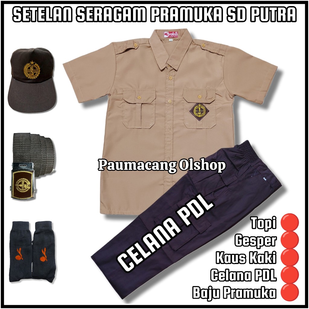 Setelan Seragam Sekolah Pramuka SD Anak Laki Laki Baju Pramuka Lengan Pendek Celana PDL Pramuka Panj