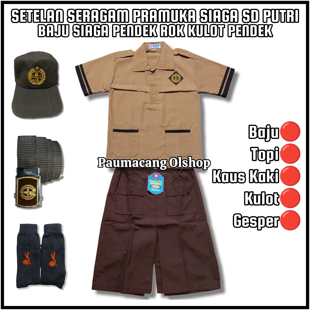 Setelan Seragam Sekolah Pramuka Siaga SD Putri Baju Pramuka Siaga Lengan Pendek Rok Kulot Pramuka Pe