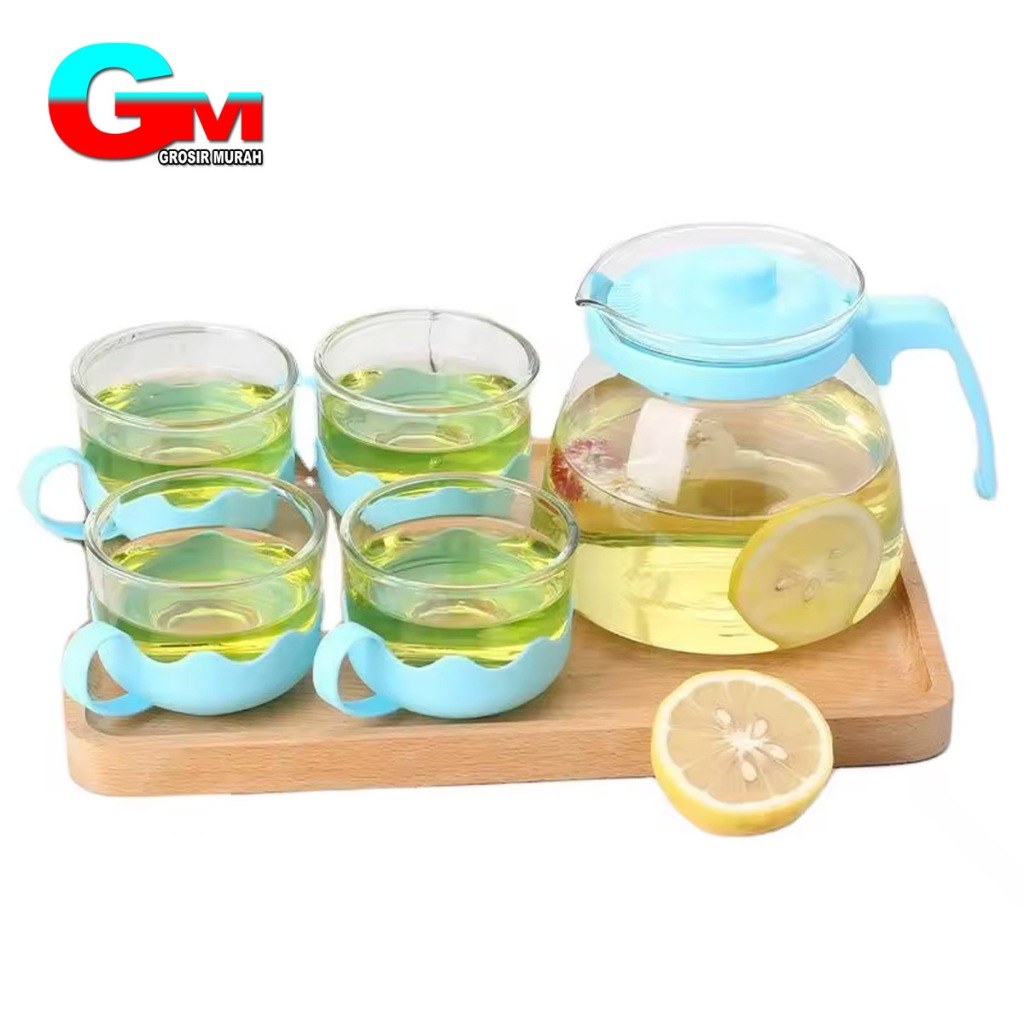 Teapot Sun Glass Set 5 pcs + Saringan / Teapot with Glass Infuser Tea
