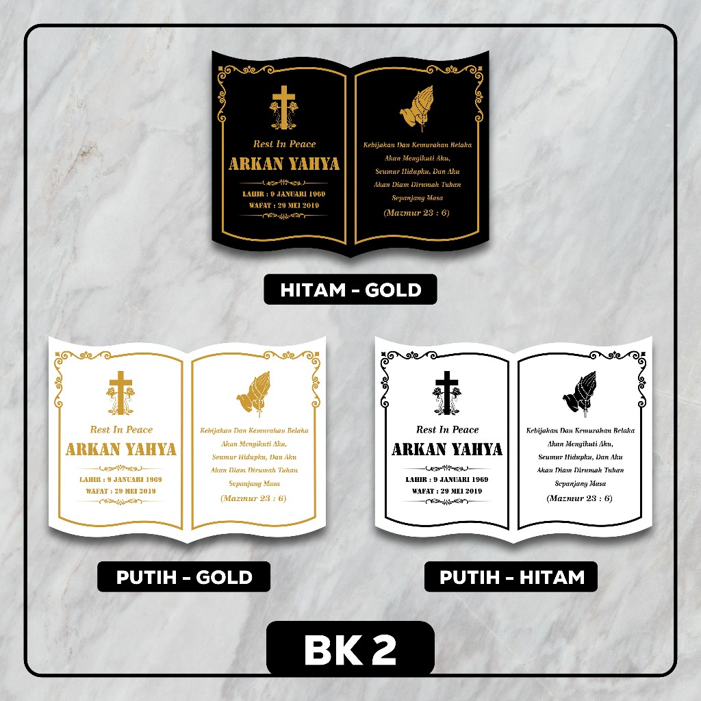(SEHARI JADI) PAPAN NISAN KRISTEN MODEL BUKU CUSTOM AKRILIK MAKAM / PRASASTI TULISAN UKIR NAMA / BAT
