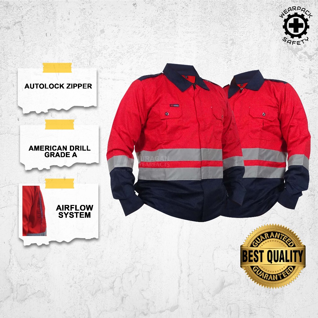 Wearpack Kerja Atasan / Baju Wearpack Safety Merah Kombinasi Biru Navy