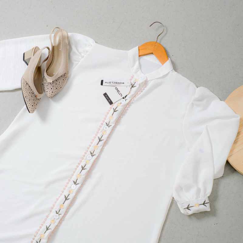 Womscloth - Midi Dress Crinkle Bordir - Dress Lebaran Busui Kancing Lengan Panjang - Gamis Wanita Muslim Terbaru-Putih