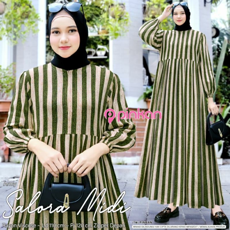 PINKAN Salora midi dress gamis midi ld 110 pb 120 allsize resketing depan bahan katun rayon viscose 