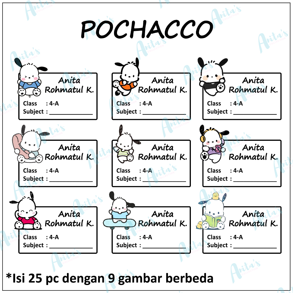 

25pc STIKER NAMA BUKU PELAJARAN ANAK SEKOLAH tema POCHACCO | size S / 5x3 cm | CUSTOM