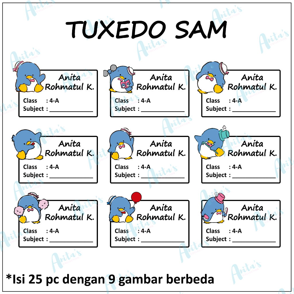 

25pc STIKER NAMA BUKU PELAJARAN ANAK SEKOLAH tema TUXEDO SAM | size S / 5x3 cm | CUSTOM