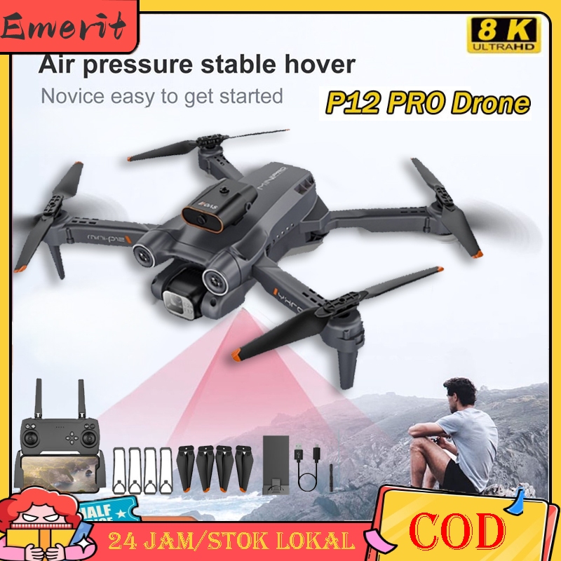 【COD】Smart Drone P12 Pro Aliran optik pelokalan 360° Avoid Obstacles Dengan Kamera 8K HD Drone WiFi 