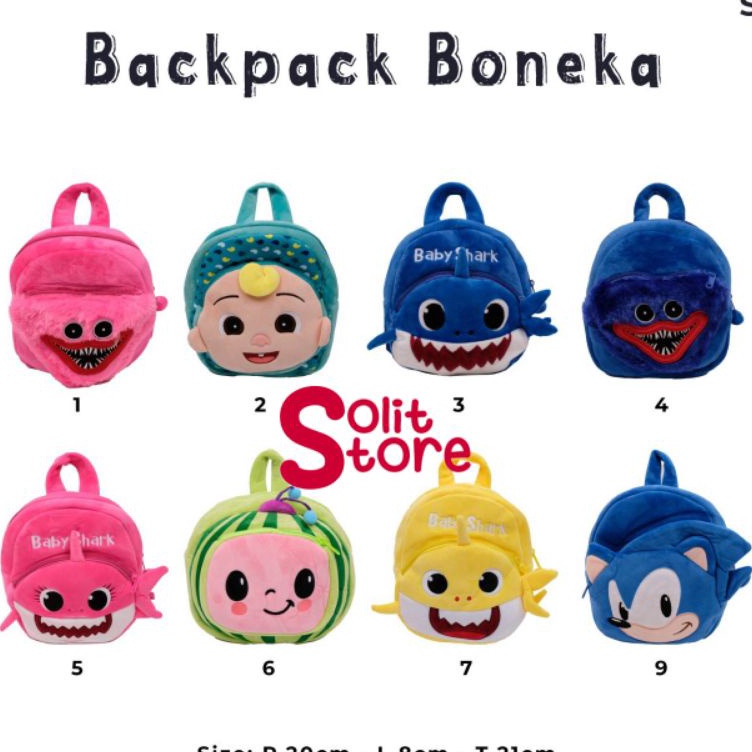 Tas Punggung Backpack Ransel Anak Boneka Melon Baby Shark Huggy Wuggy Sonic Import Buah Semangka rtq