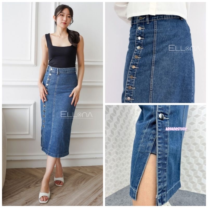 Rok Panjang Jeans Span Kancing Navia Skirt Rok Jeans Premium Full Kancing