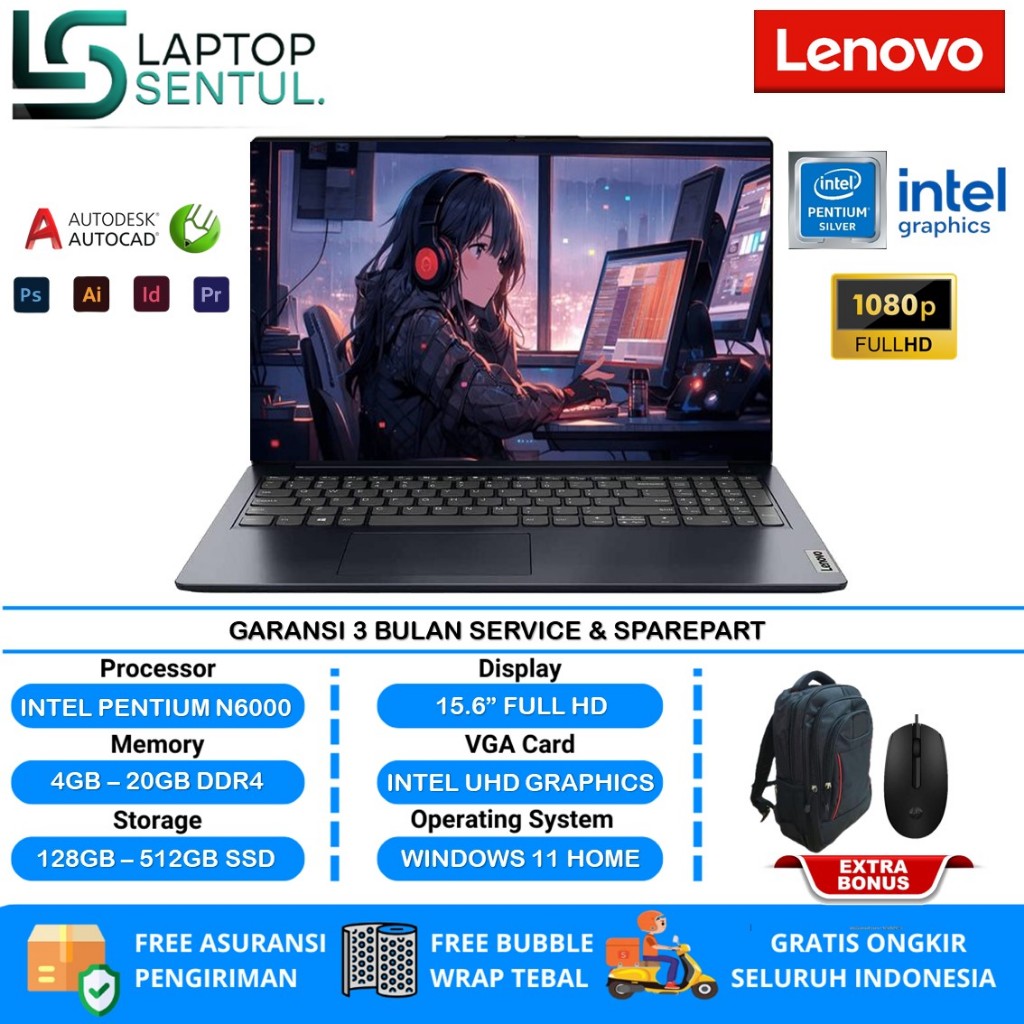 Laptop Slim Lenovo Ideapad 1 15 Intel Pentium N6000 Ram 20GB Ssd 512GB FHD Windows 11 Termurah