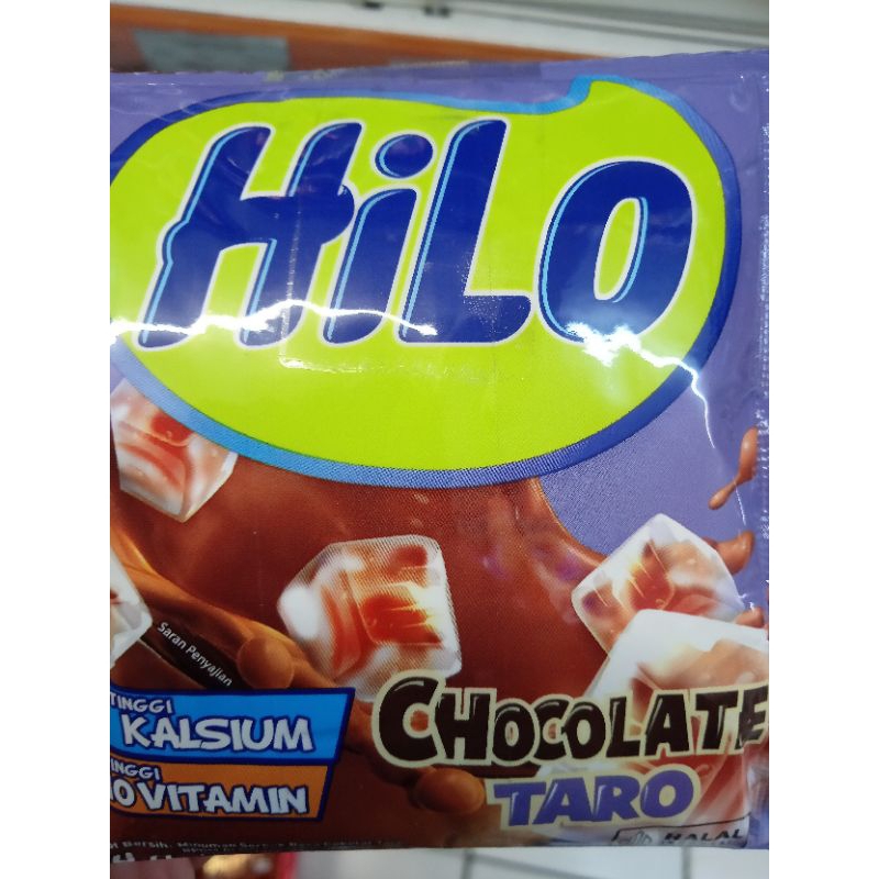 

minuman serbuk susu HiLO rasa cokelat taro per renceng isi 10 sachet