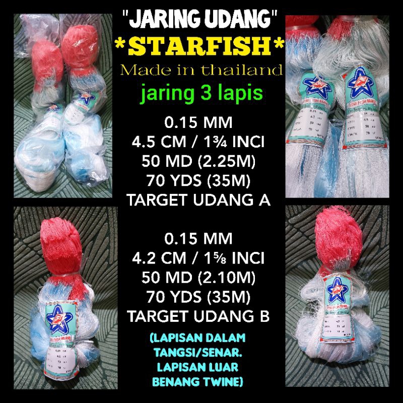STARFISH 0.15MM 4.2 cm & 4.5 cm 50X70 JARING KANTONG SENAR TANGSI JARING UDANG JARING KANTONG PUKAT 