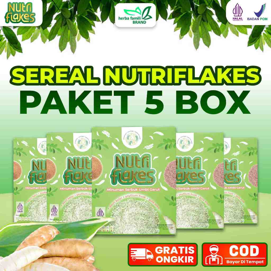 

5 BOX NUTRIFLAKES ORIGINAL- SEEREAL SEHAT UNTUK ASAM LAMBUNG UMBI GARUT DENGAN FOMULASI BAHAN ALAMI SEHAT AMAN BPOM HALAL