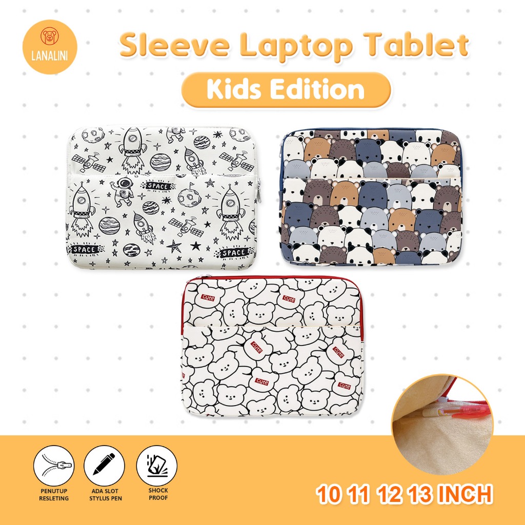 Tas Laptop Lenovo Yoga 13 14 inch Puffy Lucu Bear Korean Soft Case Biru Putih Cewek Sleeve Clutch