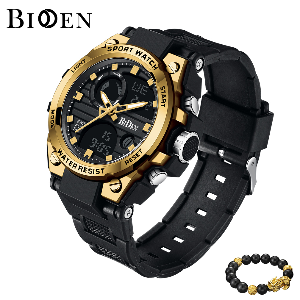 BIDEN Jam Tangan Pria Olahraga Militer Anti Air Luminous Analog&Digital Tali Silikon Multifungsi Jam Tangan Cowok Original-Gold