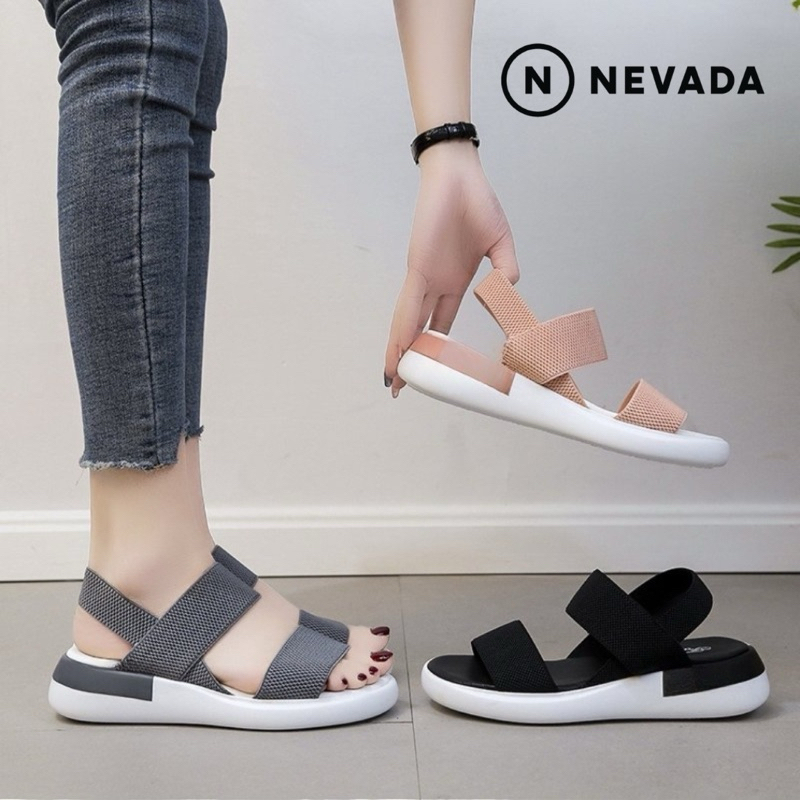 Sandal Wanita Wedges Platform Tebal Bahan Elastis Empuk Tali Belakang Motif Double Strap Sandal Cewe