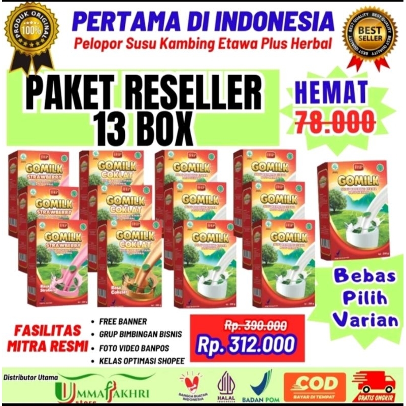 

SUSU KAMBING GOMILK PAKET RESELLER 13 BOX 3 VARIAN RASA YANG ENAK DAN GAK BAU PRENGUS