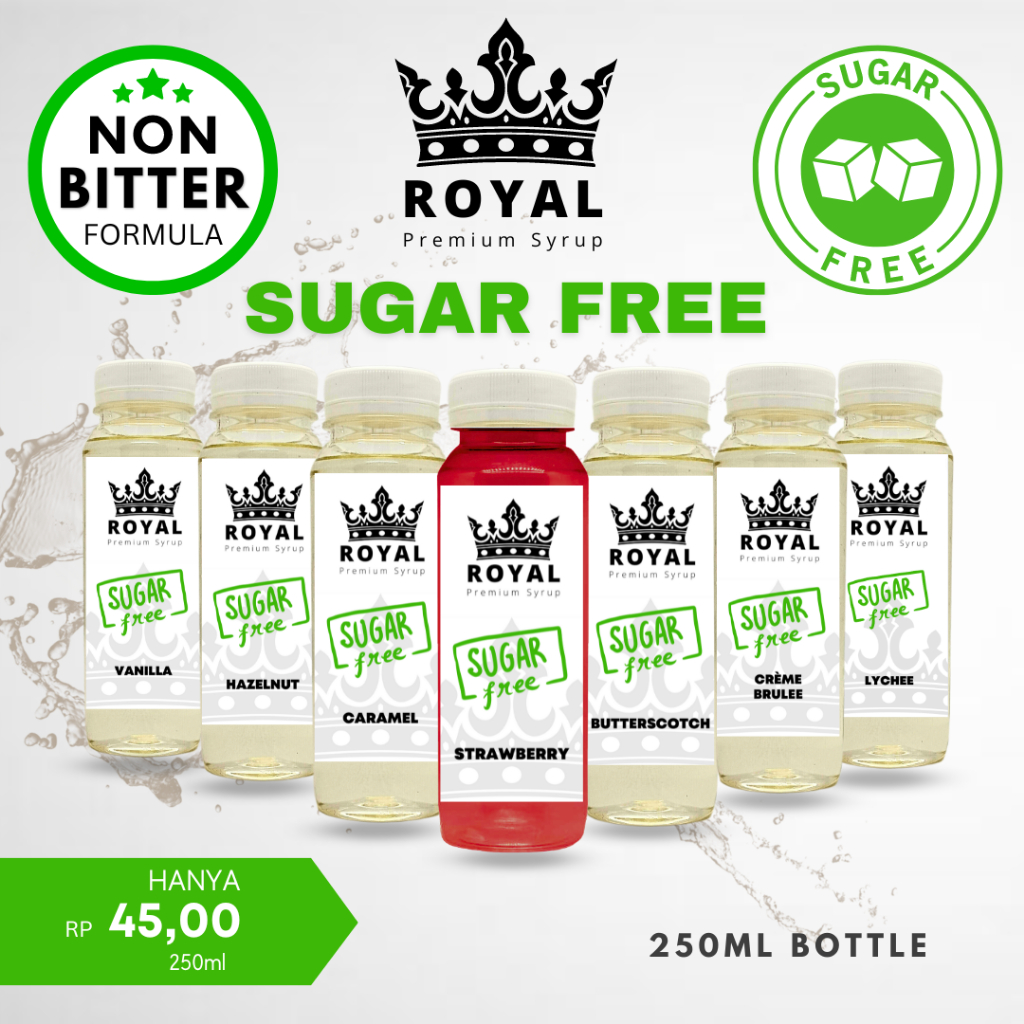 

ROYAL SUGAR FREE Keto Syrup /Sirup (250ml) Butterscoth Vanilla Hazelnut Caramel Rum Creme Brulee Irish Creme Lychee Strawberry Cocopandan