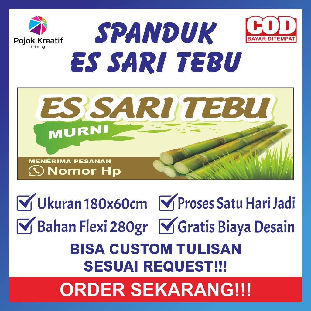 SPANDUK BANNER JUALAN MINUMAN ES TEBU MURNI 180x60cm CUSTOM REQUEST GRATIS DESAIN POJOK KREATIF KODE