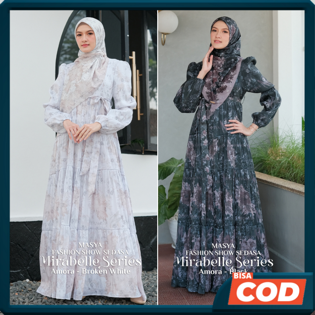 Set Gamis Dress Shimmer Printing Premium Syari Branded Putih Broken White - Hitam - Black Mewah Masy