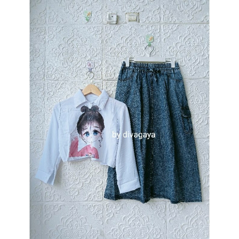Setelan Anak Sandrina Atasan Kemeja Crop Rok/Celana Jeans Kekinian