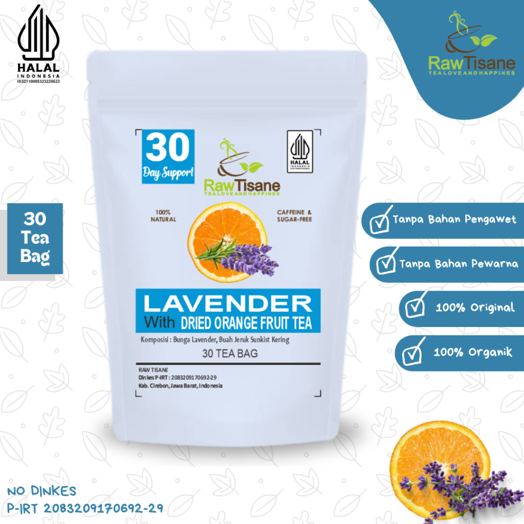 

RAW TISANE Lavender With Dried Orange Fruit Tea : Teh Celup Bunga Lavender & Buah Jeruk Kering Isi 30 Tea Bag