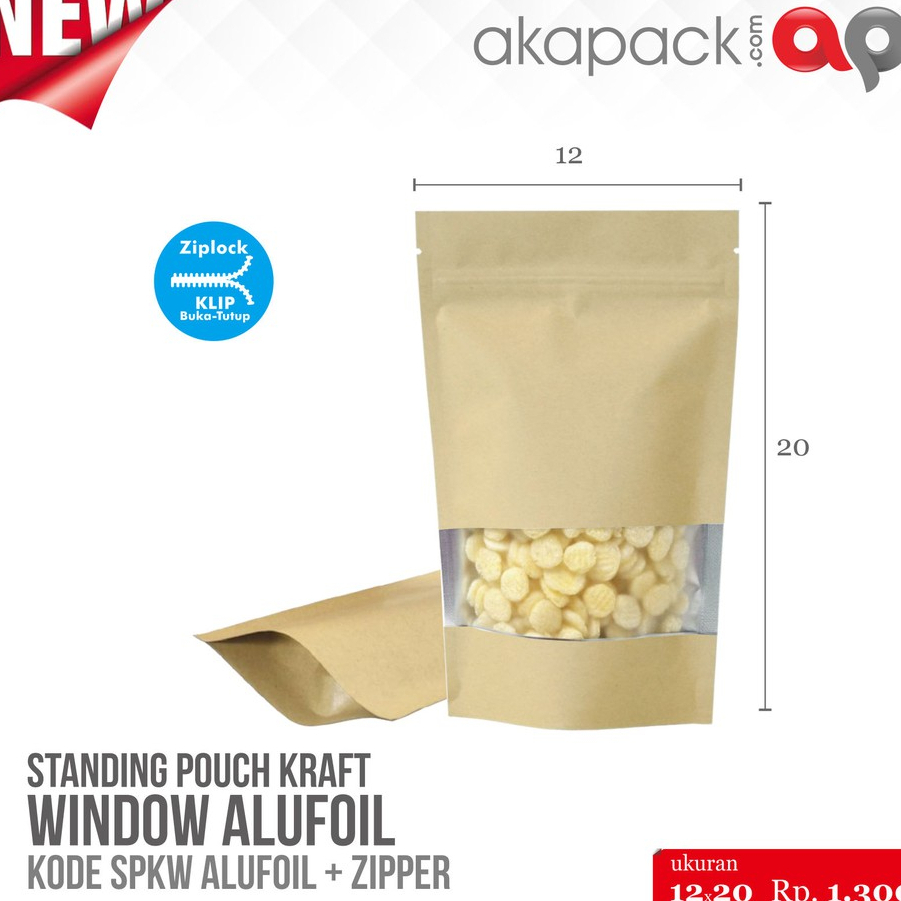 

Kemasan Standing Pouch Kraft Window Alufoil 12 x 20 minimal 100 pcs