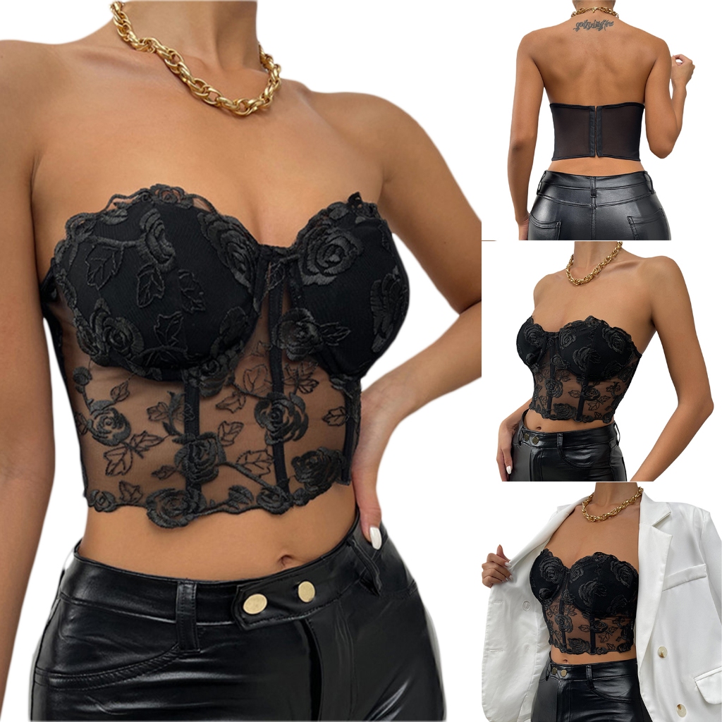Women's Bustier Tube Tops Embroidery Flower See Through Off Shoulder Tank Tops for Daily Club Party