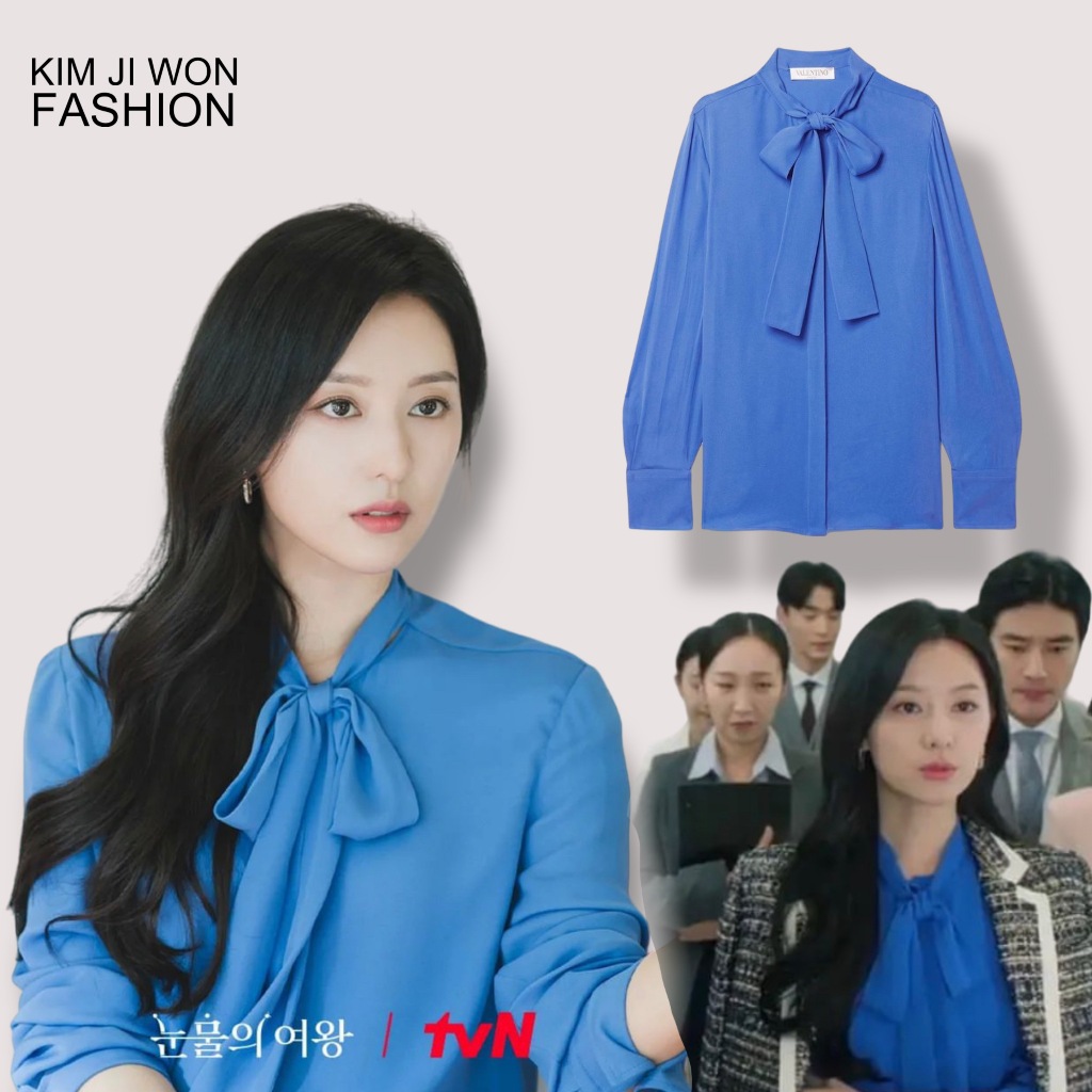 Kim Ji Won Pussy Bow Silk Shirt