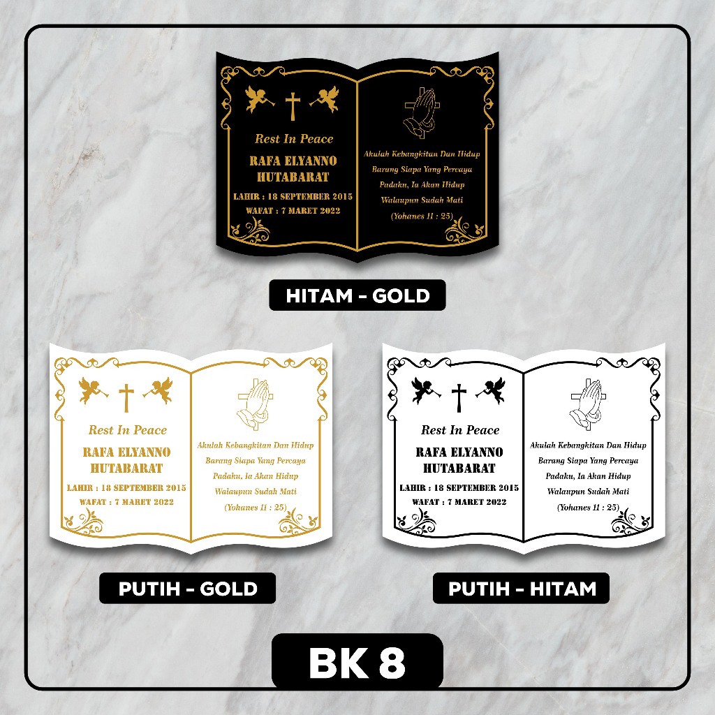 (SEHARI JADI) PAPAN NISAN KRISTEN MODEL BUKU CUSTOM AKRILIK MAKAM / PRASASTI TULISAN UKIR NAMA / BAT