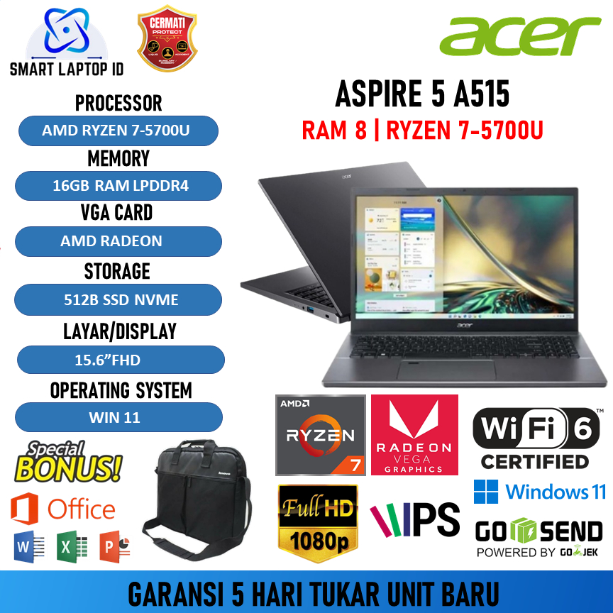 Laptop Baru Acer Aspire 5 A515 Ryzen 7 5700 Ram 16GB 512 Ssd Vega8 Windows11 15.6Fhd