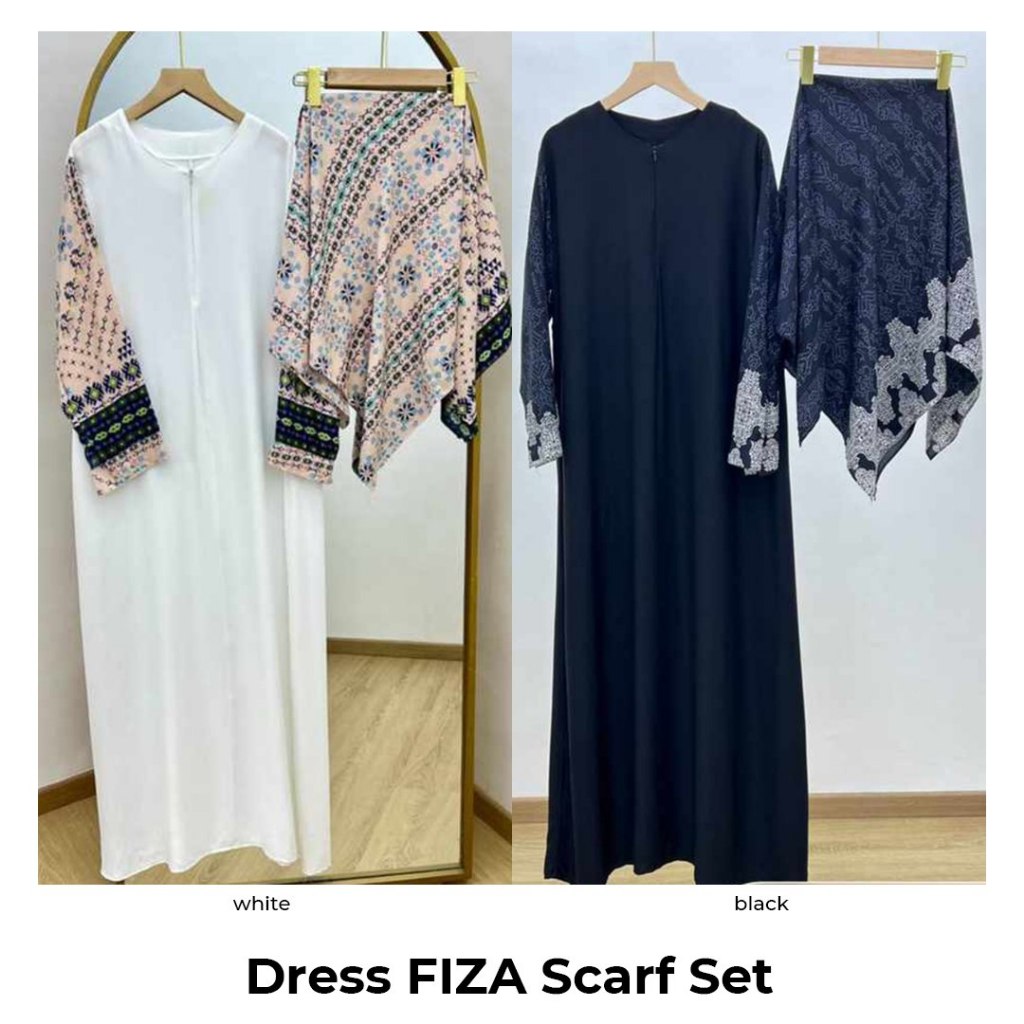 Set Dress FIZA by Dzakirah Setelan Gamis & Scarf Hijab Segiempat Bahan Rayon Motif Hitam Putih