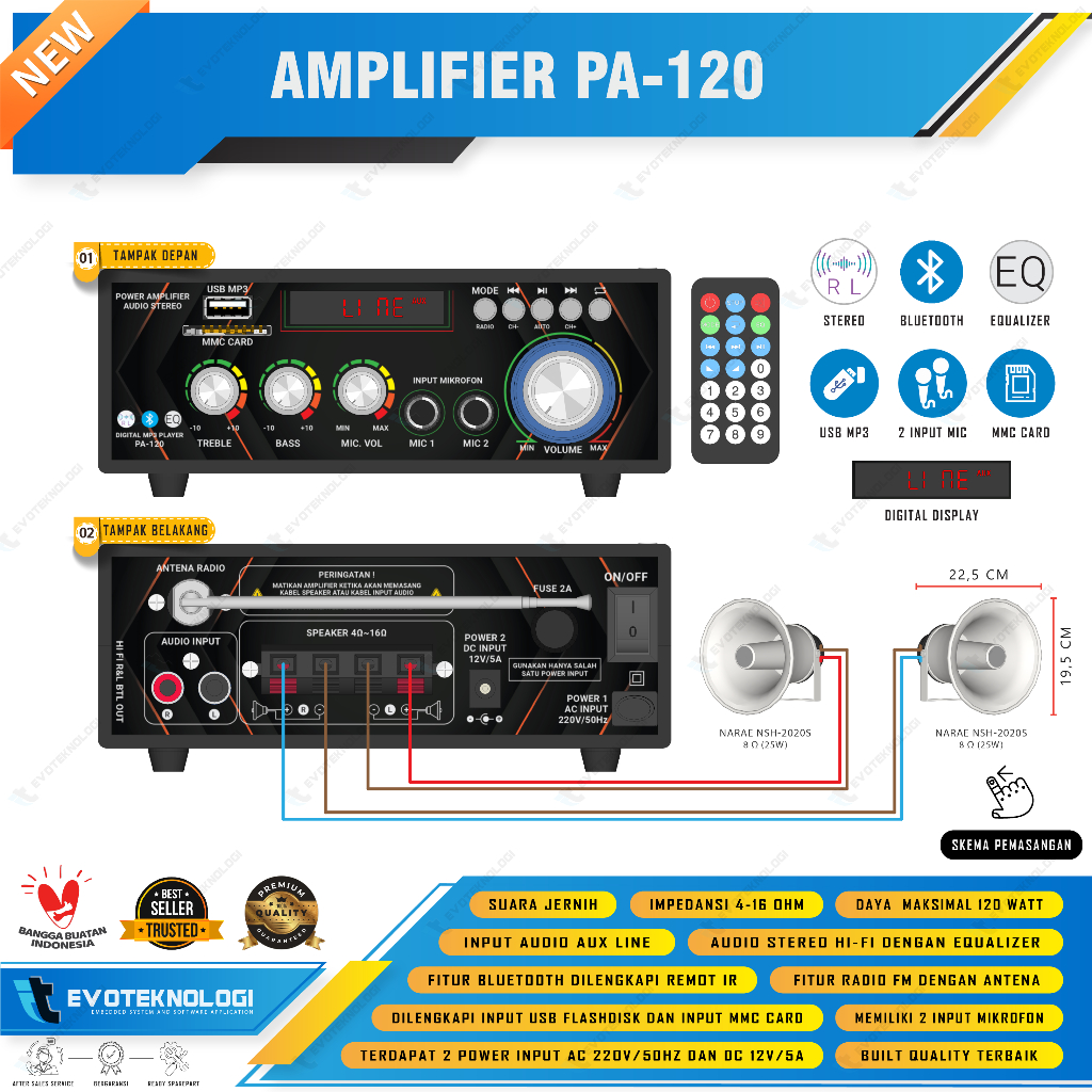 Evoteknologi Amplifier Speaker 15/25 Watt Impedansi 8 Ohm