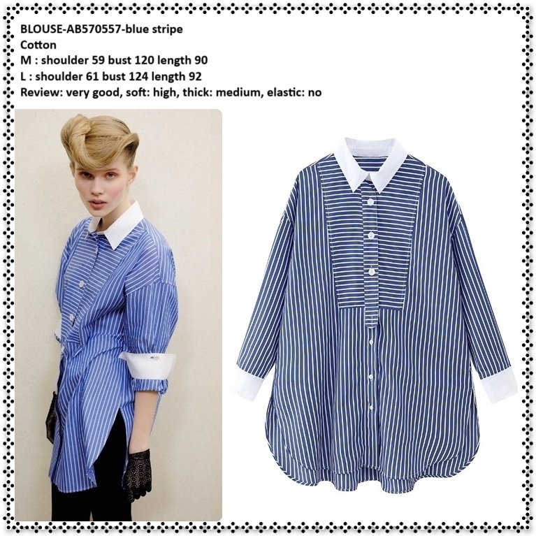 AB570557 Baju Atasan Kemeja Lengan Panjang Garis Biru Putih Wanita Korea Import Blue White Tunik