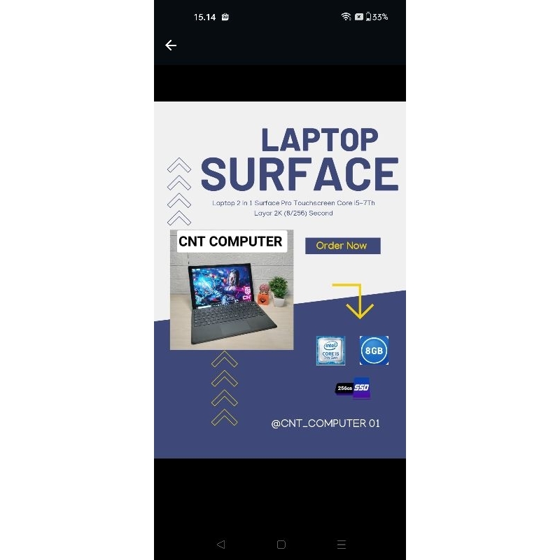 Laptop 2 in 1 Surface Pro Touchscreen Core i5-7Th Layar 2K (8/256) Second