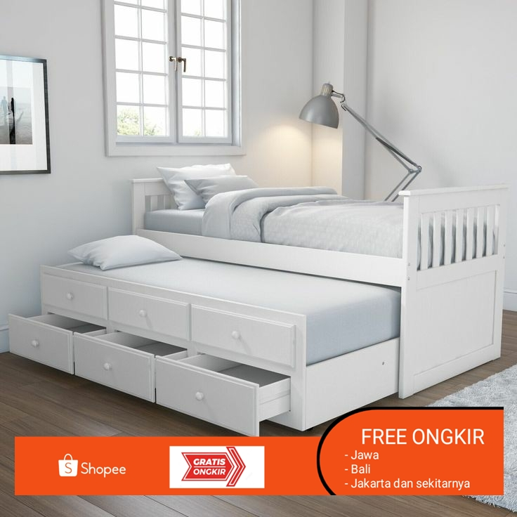 dipan anak sorong minimalis putih, ranjang anak laci