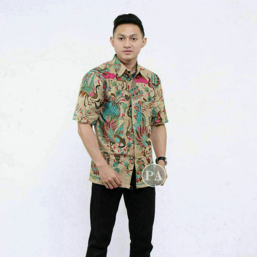 Atasan Batik Pria Lengan Pendek - Motif Jayabaya Abu - Warna Abu Kuning