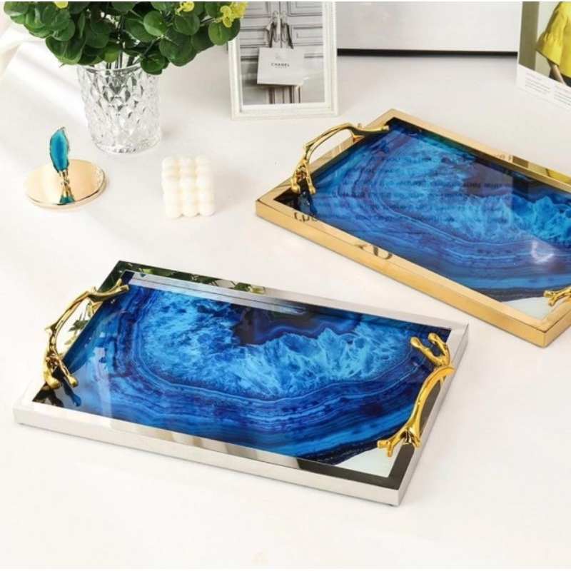 Nampan Kaca Biru Silver Baki Emas Nampan Gold Biru Nampan Marble Gold Tray Nampan Silver