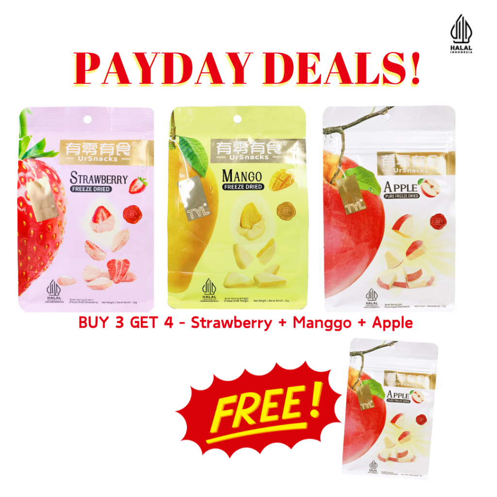 

URSNACKS BUNDLE 3 GET 1 FREE APPLE (Manggo + Strawberry + 2 Apple) Freeze Dried Fruit Keripik Buah Kering Sehat
