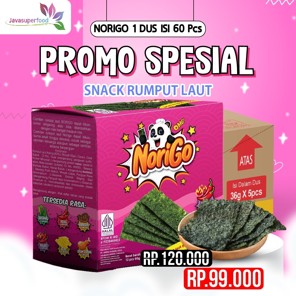 

Norigo Balado (1 DUS ISI 5 PACK) FREE 10 PCS / Nori Sachet Seaweed Snack 3g Rumput Laut Halal Rasa Balado