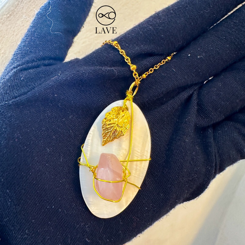Rose Quartz Crystal Mother of Pearl Necklace Gold 60cm