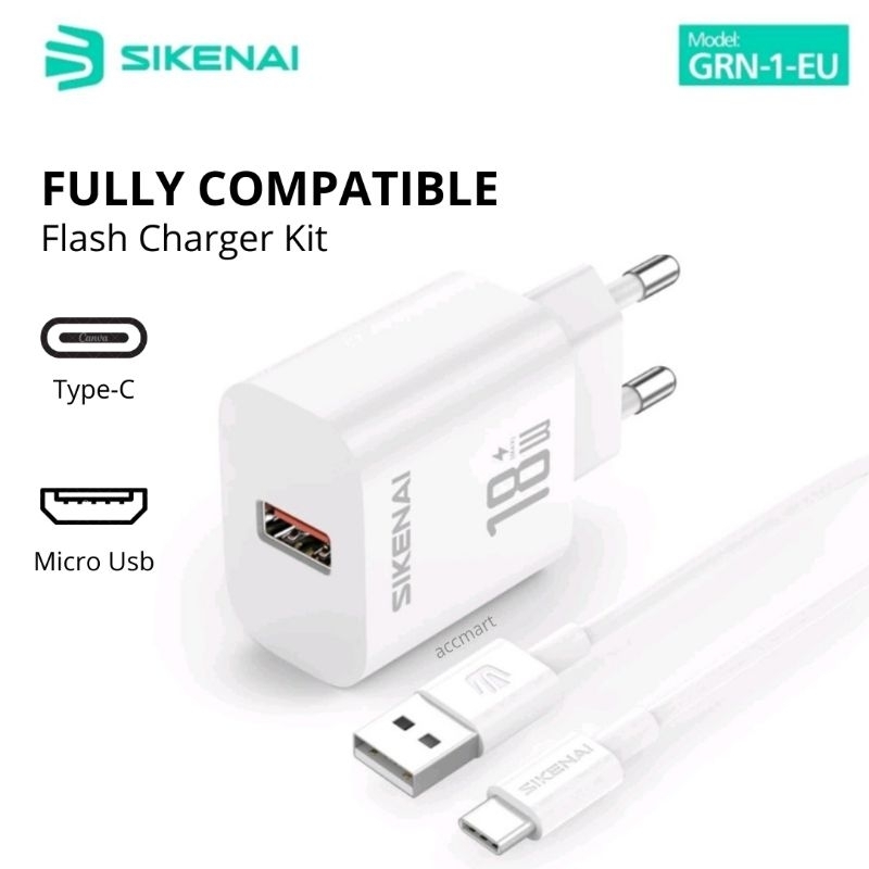 Charger Sikenai 18w fast charging pengisian daya cepat kabel type-c dan micro usb