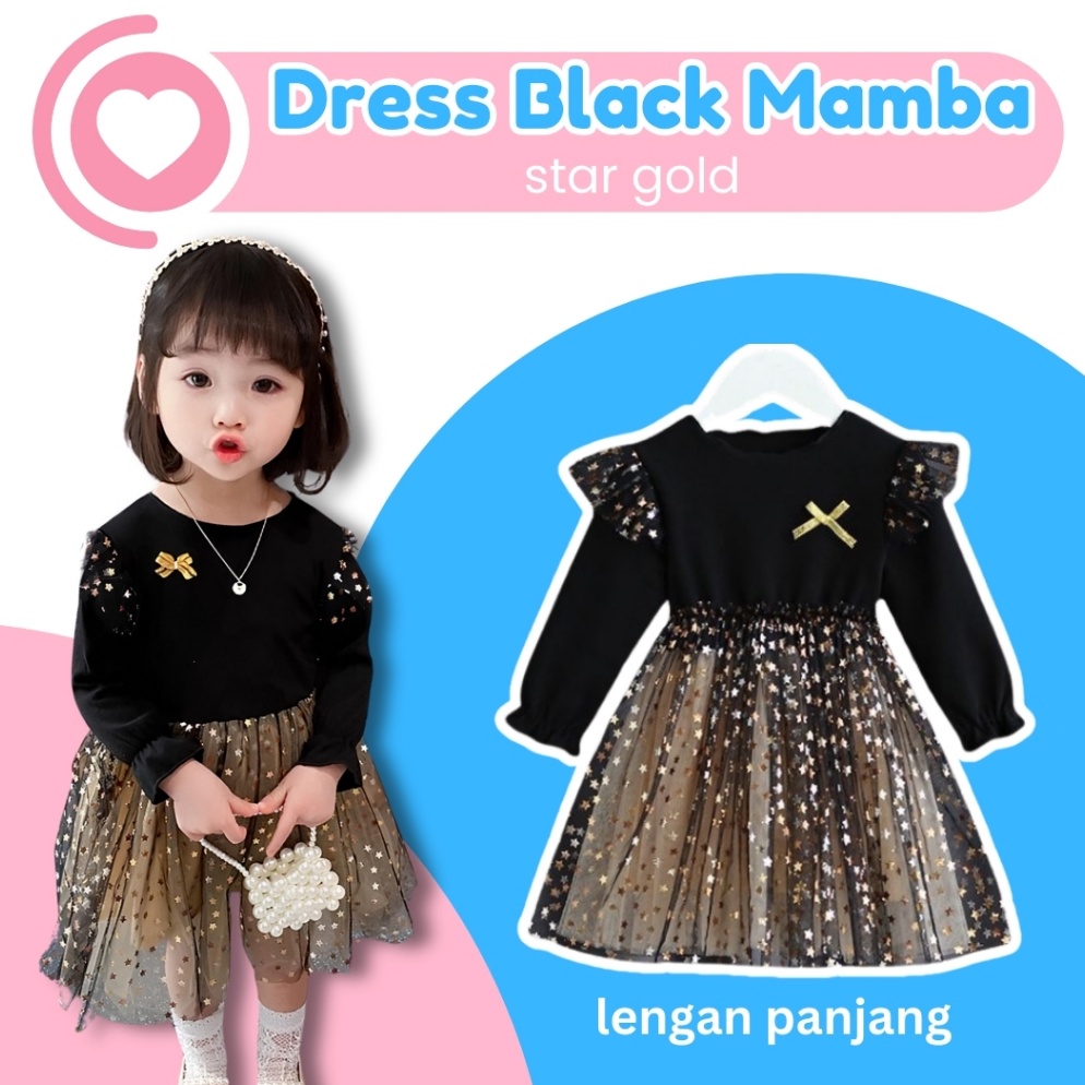 ART R95G Lentera Anak 7 Tahun Dress Anak Pesta Black Mamba Star Gold Long Perempuan Gaun Hitam Rok T
