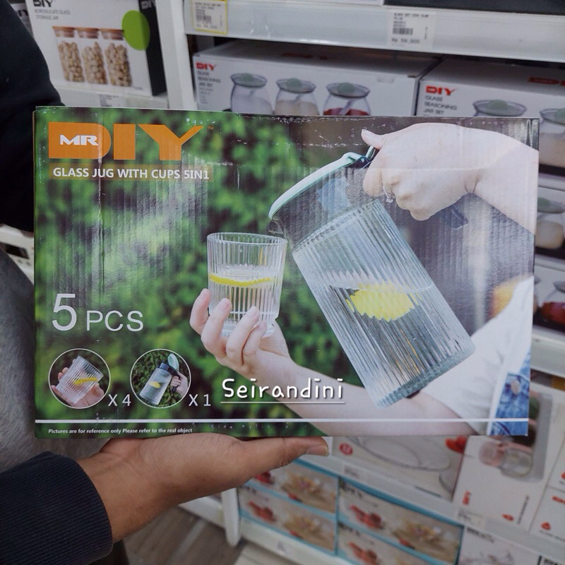 Glass Jug With Cups 5in1 Gelas Teko Kaca Motif 1200ml 270ml Kado Hadiah Unik MR DIY